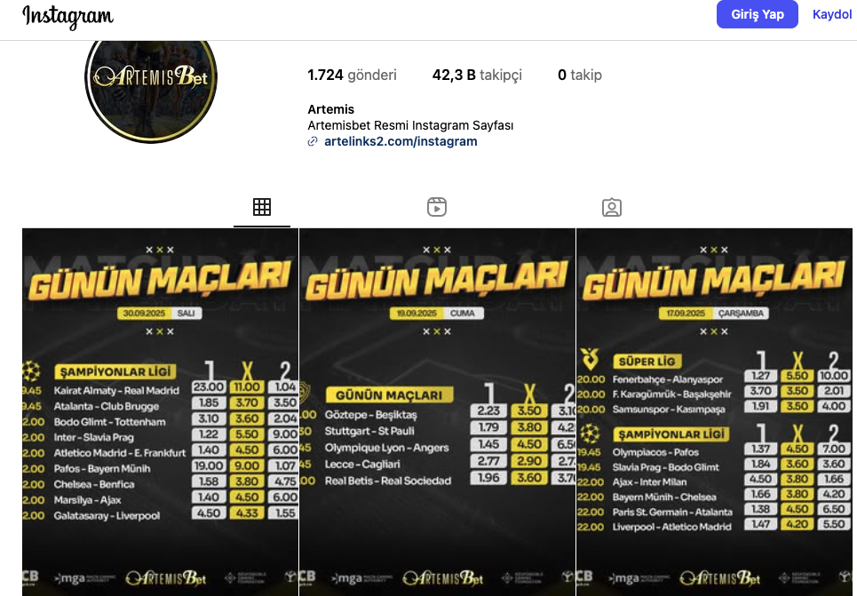 Artemisbet İnstagram Hesabı